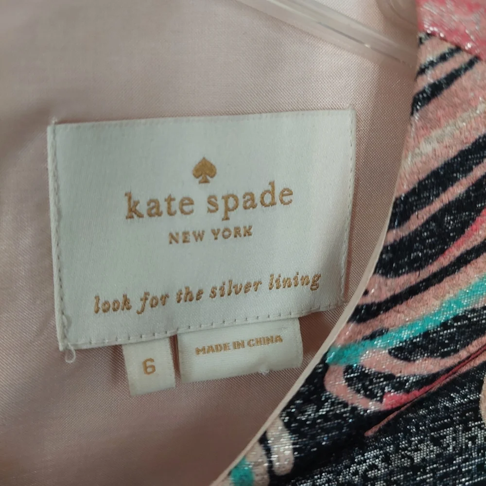 kate spade Regal Plumes Pink, Peach and Black Feather Print Dress. Size 6.